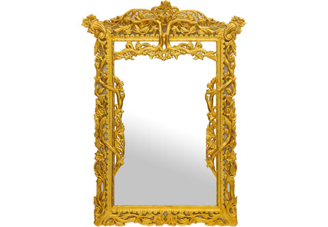 >A charming Italian early 19th century style rectangular shaped giltwood wall mirror, hand carved and gilded with 18th carat French gold foils, The mirror plate is surrounded by a heavily and richly carved pierced frame in lavish design of leafy works, sunflowers and entwined tree branches. With two cornucopias on each top corner symbol of abundance and nourishment, The Cyma Recta motif internal frame with twisted internal border issuing scrolled foliage branches to sides and to the top central reverse, Belle Epoque Style Mirror, Trumeau Mirror, Vernis Martin Mirror, Napoleon III Mirror, Empire style Mirror, Monumental Mirror, Rococo Style Mirror, Pier Mirror, Mantel Mirror, Louis XV Mirror, George III Mirror, Figural Mirror, Louis XVI Mirror, Baroque Style Mirror, Scrolled Carved Mirror, Palatial Style Mirror, Italian Style Mirror, Carved and giltwood Mirror, Florentine Style Mirror, Romanesque Style Mirror, Rocaille Style Mirror, Dore Style Mirror, Neoclassical Style Mirror